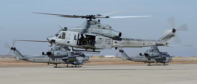 Bell-Boeing UH-1W Huey BuNo 168499 of HMLA-369, AH-1Z Viper BuNo 168799, and AH-1Z Viper BuNo 168002 of HMLA-267, NAF el Centro, February 19, 2015